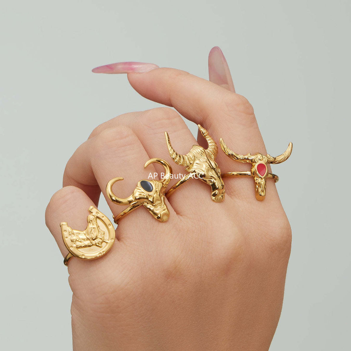 B廠-不鏽鋼牛頭馬滴油開口可調節戒指鍍18k真金歐美時尚百搭朋克指環「A668-A689-A670」25.12-3