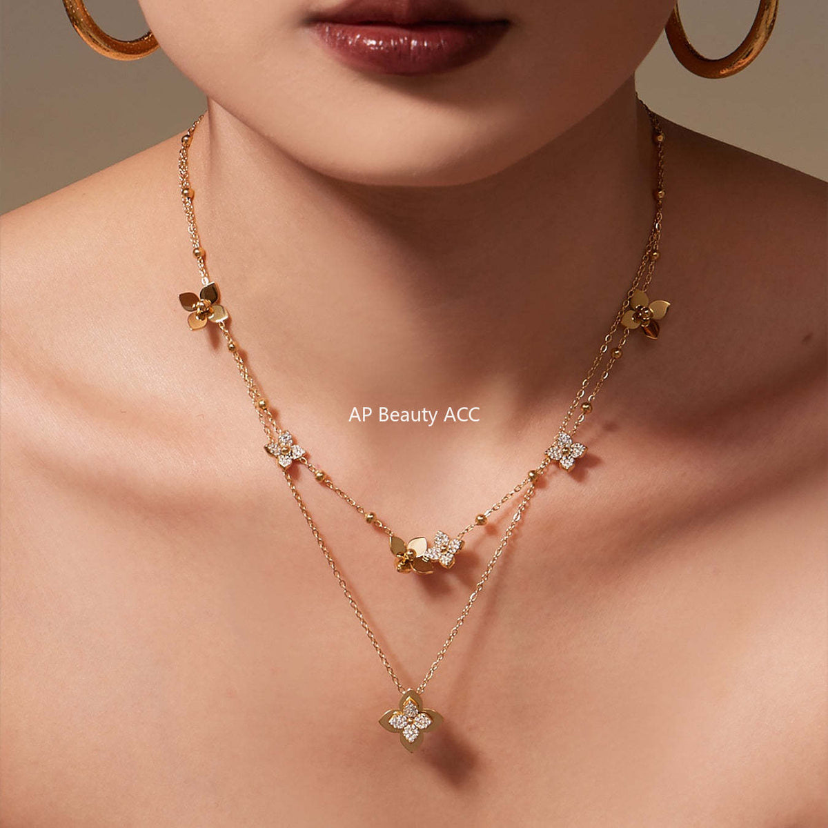 B廠-熱銷新品重十字夾珠鬱金香花朵鑲鋯石滿鑽鎖骨項鍊戒指套裝「TXP489」25.11-4