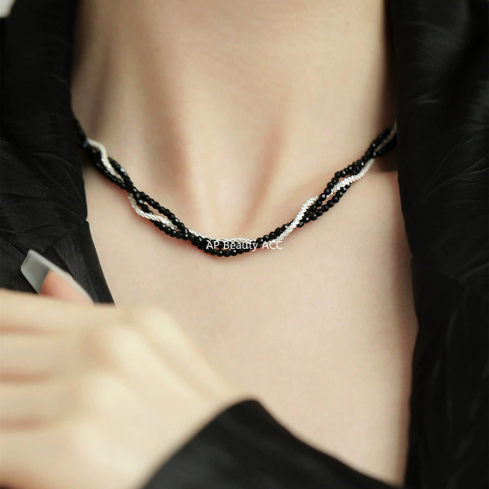 C廠-優雅氣質潮流百搭甜酷S925純銀黑尖晶碎銀子三層項鍊通體銀「XG40」25.10-3