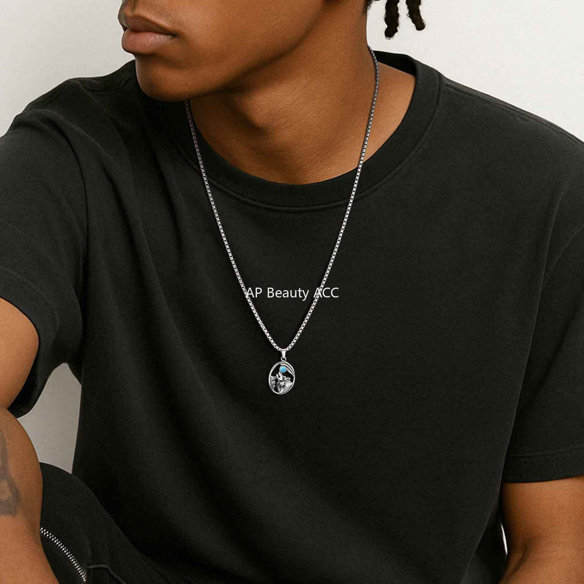 G廠-不鏽鋼狼頭綠松石吊墜歐美狼頭復古個性嘻哈吊墜時尚項鍊「PN-2231」25.11-1