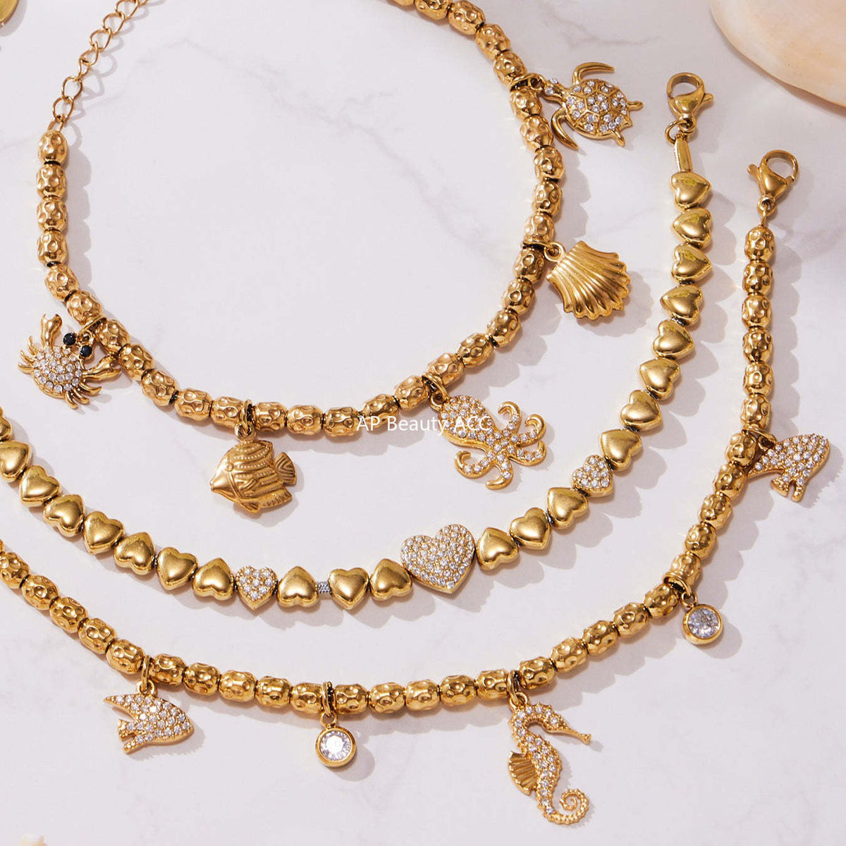 B廠-海馬帶鑽多配件DIY手鍊組合不鏽鋼鍍18k真金跨境熱銷款飾品「E693-E694-E695」25.10-5