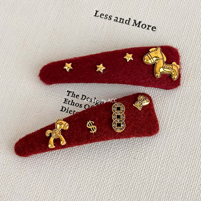 E廠-馬上有錢花新年紅色喜慶髮夾高級設計感豹紋側邊瀏海碎髮BB夾髮卡「27821」25.12-3