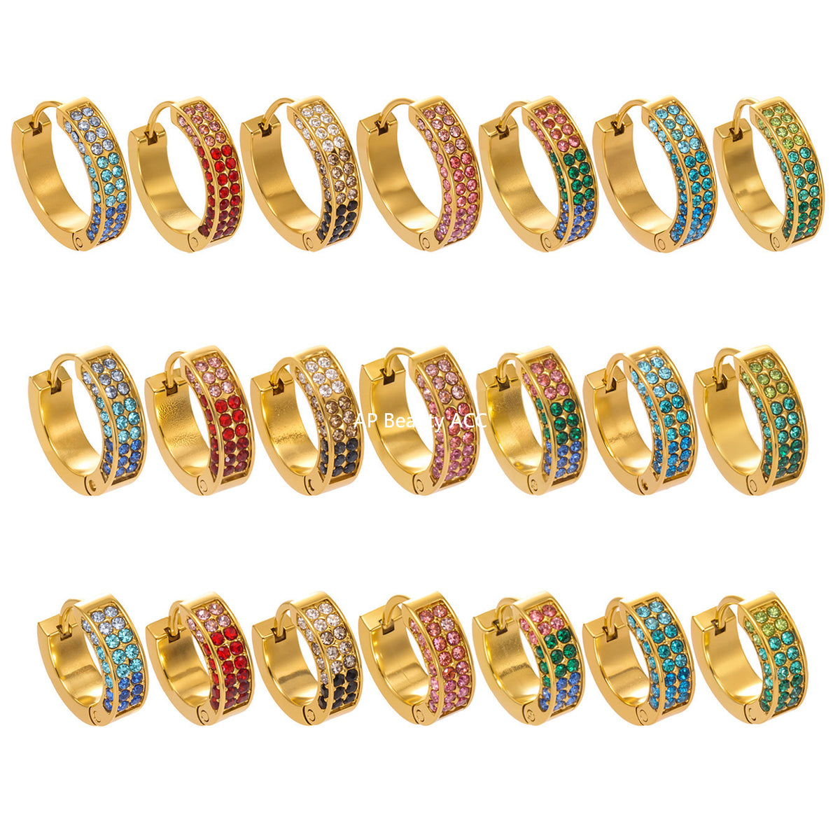 B廠-ins風高質量彩色5A鋯石圓圈卡扣耳環不鏽鋼鍍18k真金耳飾女「F930」25.11-2