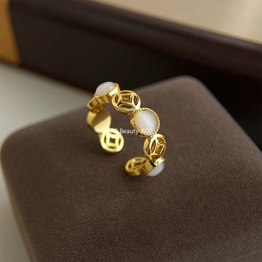 A廠-【八方來財】厚鍍真金保色玻璃貓眼石戒指開口可調節指環手飾「7241」25.12-3