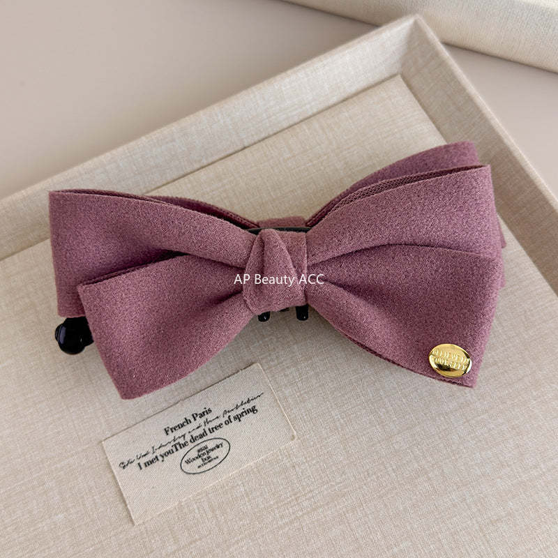 E廠-韓國秋冬高級感雙面呢子蝴蝶結香蕉夾韓系金標竪夾馬尾髮夾髮飾「27639」25.11-1