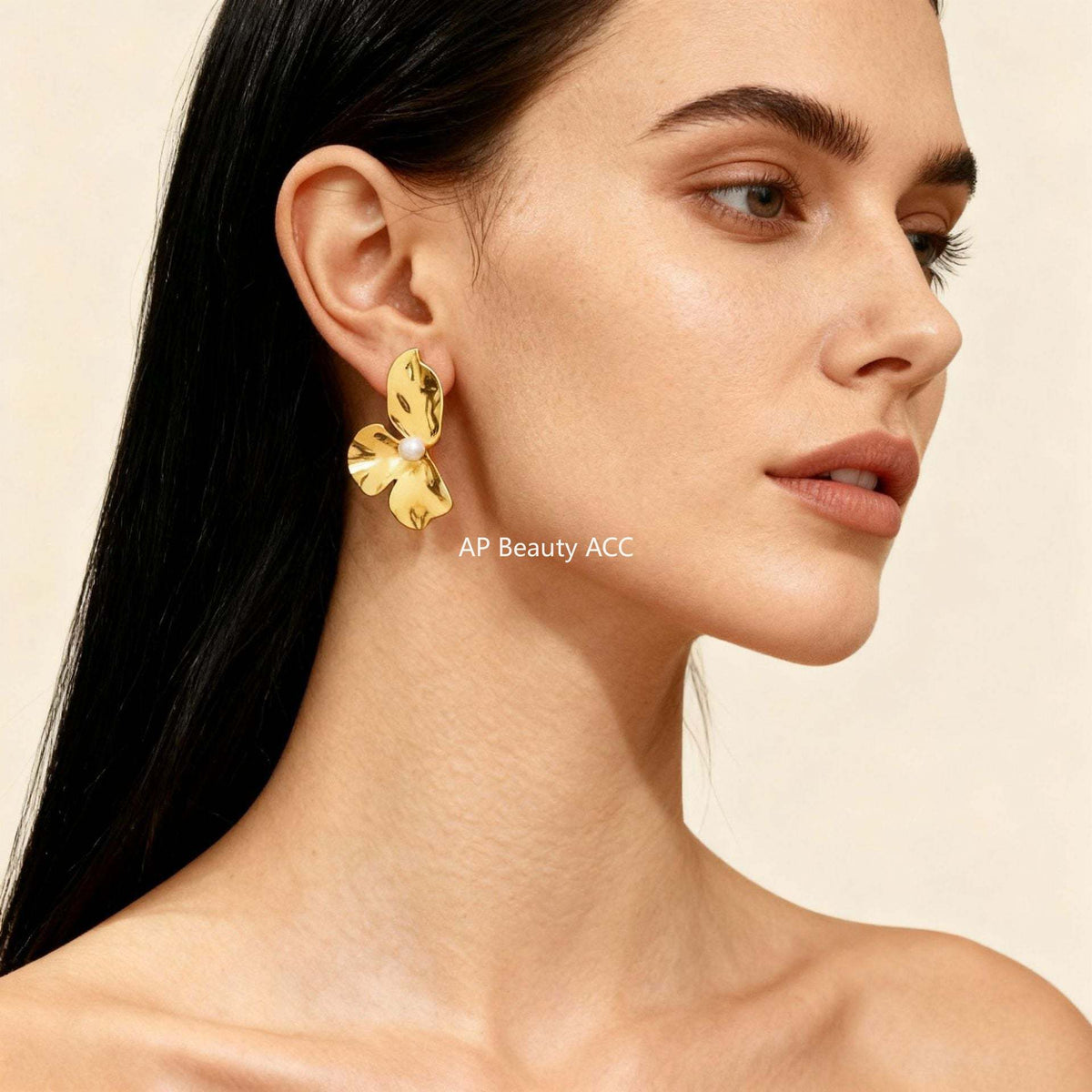 B廠-歐美貝珠褶皺花瓣耳釘 設計感不鏽鋼度假風耳環耳飾 花朵誇張耳環「F312」25.12-1