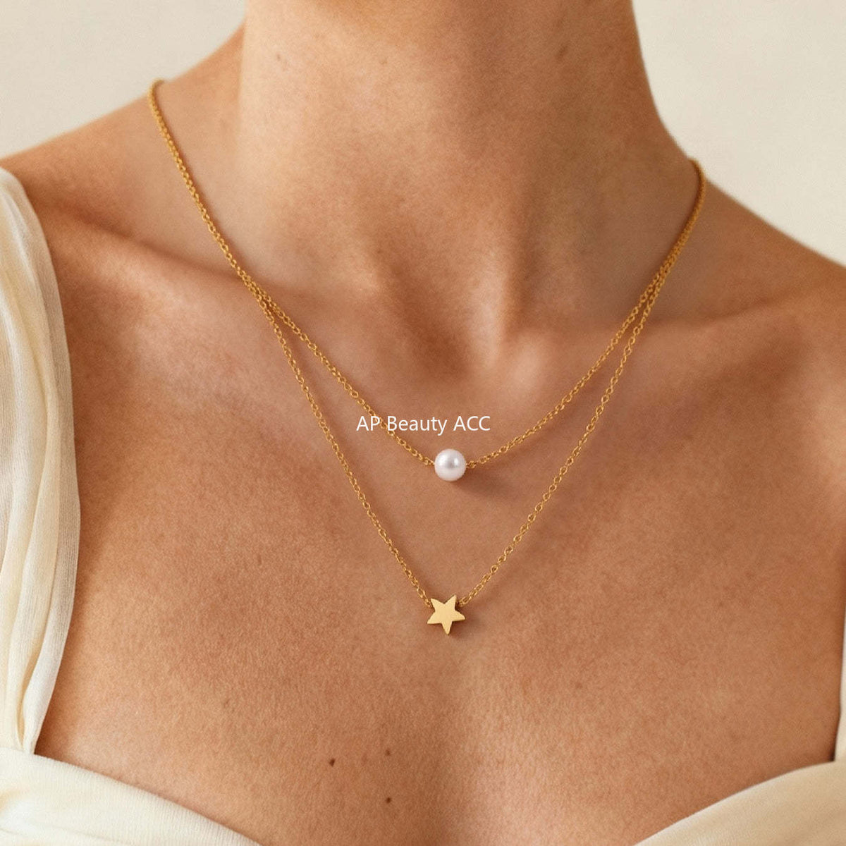 B廠-不鏽鋼星星貝珠設計感雙層項鍊 歐美通勤疊戴鍍18K金百搭個性首飾「P001」25.12-1