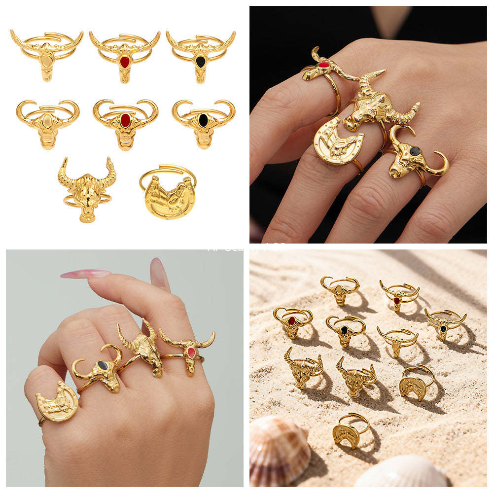 B廠-不鏽鋼牛頭馬滴油開口可調節戒指鍍18k真金歐美時尚百搭朋克指環「A668-A689-A670」25.12-3