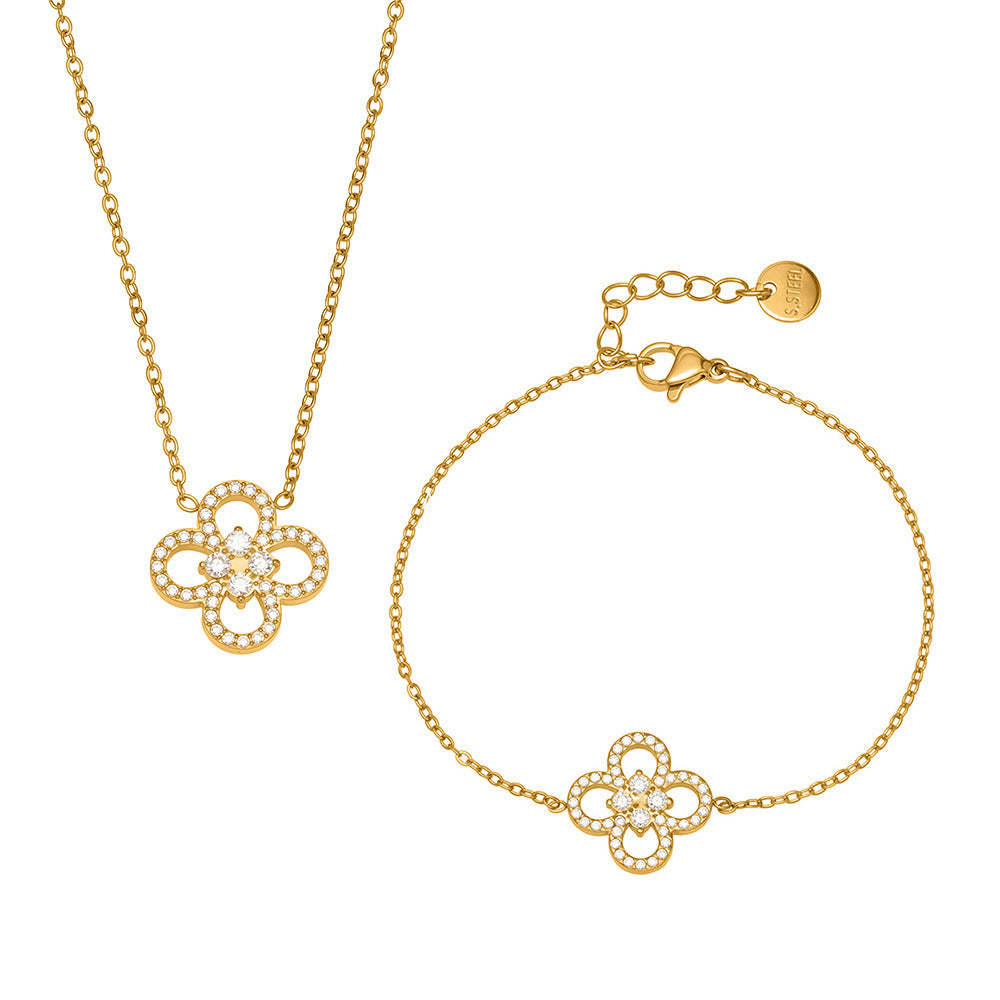 B廠-不鏽鋼四葉草鋯石項鍊手鍊 鍍18k金歐美時尚百搭個性首飾「TXP474-TXE474」25.11-3