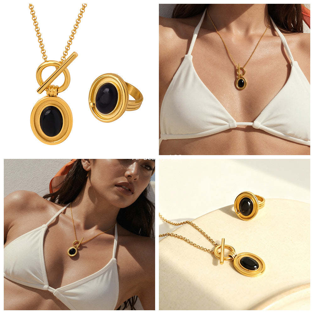 B廠-不鏽鋼天然瑪瑙吊墜OT扣項鍊個性優雅氣質戒指套裝鍍18k金不掉色「P1889」25.12-2