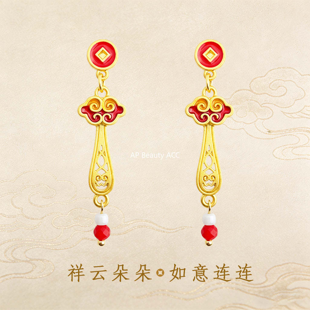 A廠-新年款玉如意琺瑯手工彩繪滴釉紅色新款耳環工廠長款新中式耳環飾品「7214」25.12-2