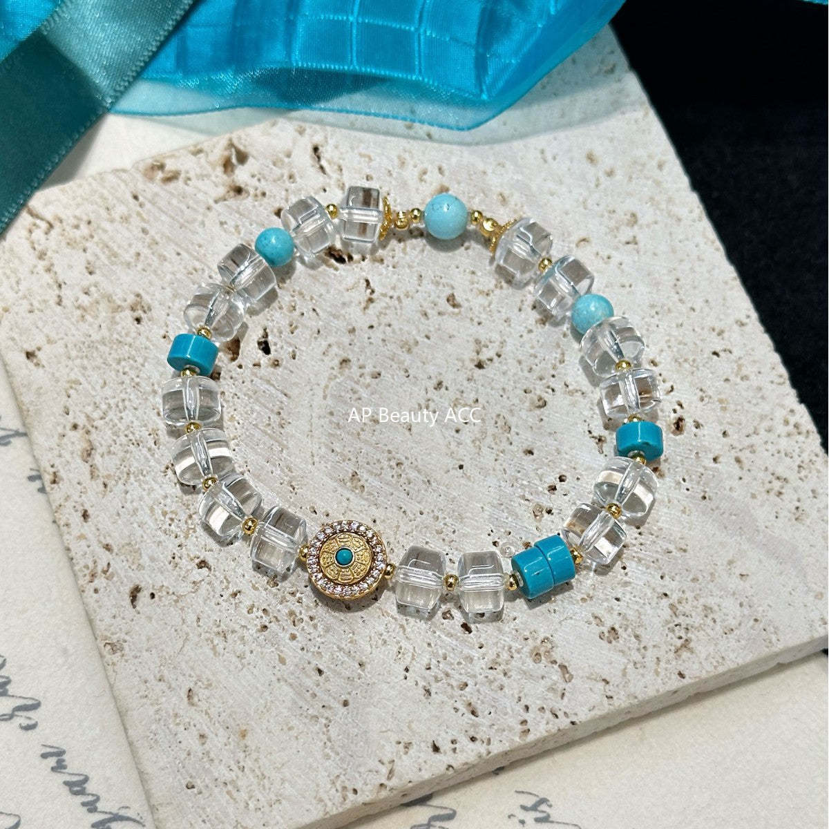 AS廠-時尚天然白水晶手鍊新款百搭綠松石設計925銀手鍊「l2927」25.10-4