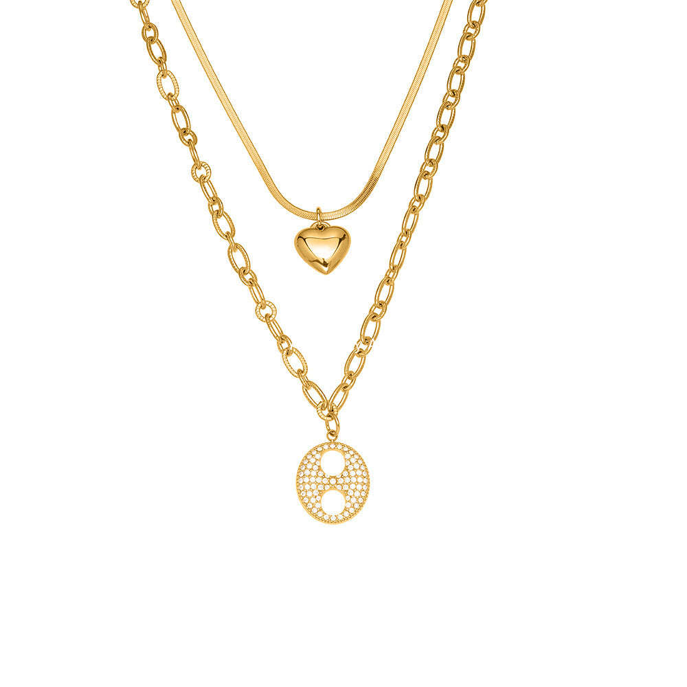 B廠-不鏽鋼雙層疊戴愛心豬鼻子鋯石項鍊 鍍18k金歐美百搭項飾「P100」25.11-3