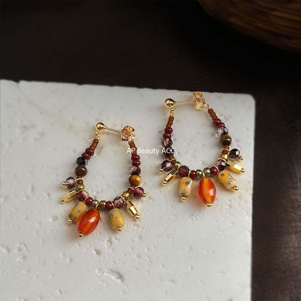 A廠-捷克琉璃手工設計感虎眼石天然石玻璃水晶新款民族風耳飾耳環「6969」25.10-5