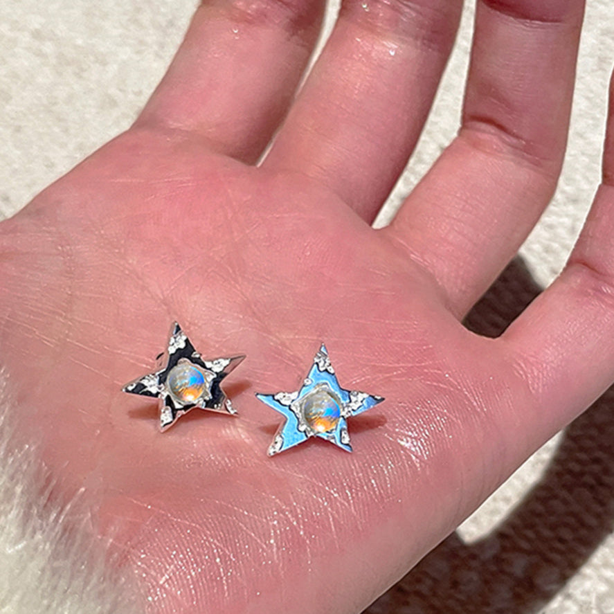 C廠-925銀針星星耳釘女精緻小香風月光石耳環氣質高級感時尚夏天耳飾「EH-3502」25.05-2