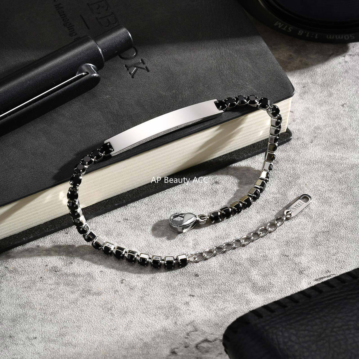 G廠-不鏽鋼歐美簡約百搭黑鋯石鏈小眾感設計彎牌手鍊鋼色「BR-2709」25.12-2