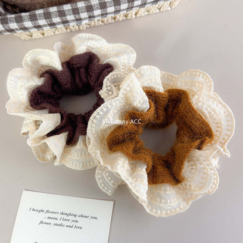 E廠-韓系慵懶風毛線針織蕾絲花邊雙層大腸髮圈女扎頭髮丸子頭髮繩頭繩「27716」25.11-4