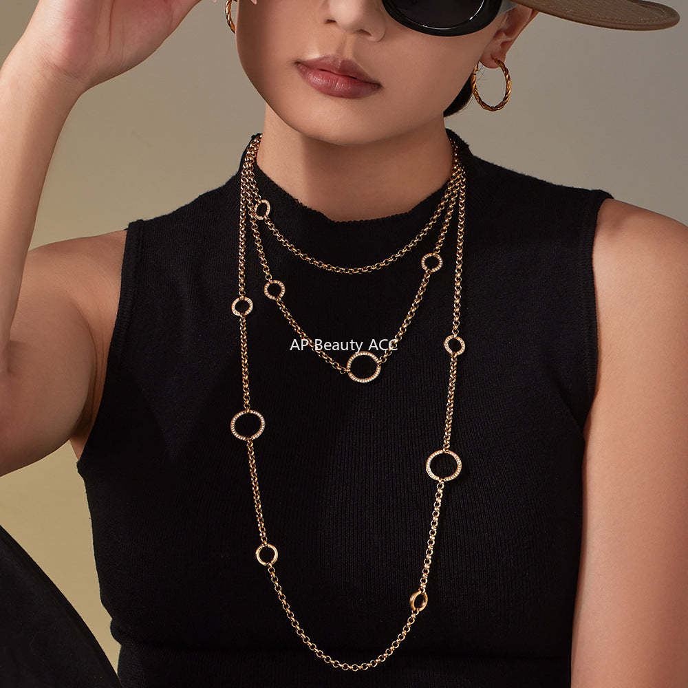 B廠-跨境流行長款毛衣鏈O字5A鋯石雙層疊戴項鍊不鏽鋼材質飾品「M085」25.11-3