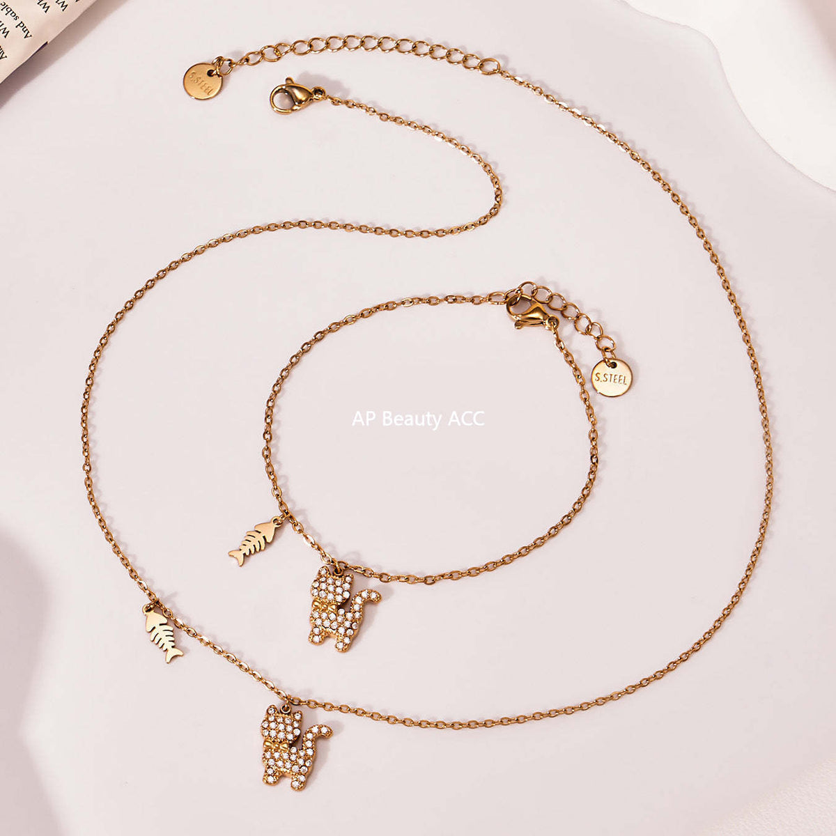 B廠-時尚可愛小貓帶鑽吊墜手鍊項鍊套裝不鏽鋼鍍18k真金不掉色「TXP464」25.11-3