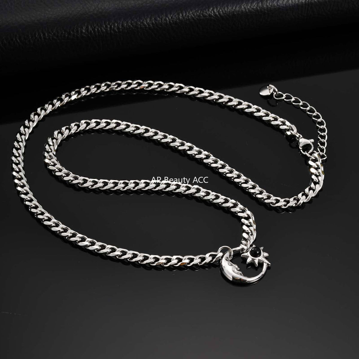 G廠-不鏽鋼六面磨鏈星月項鍊太陽星星月亮蛋白石吊墜項鍊鋼色「NC-2407」25.12-2