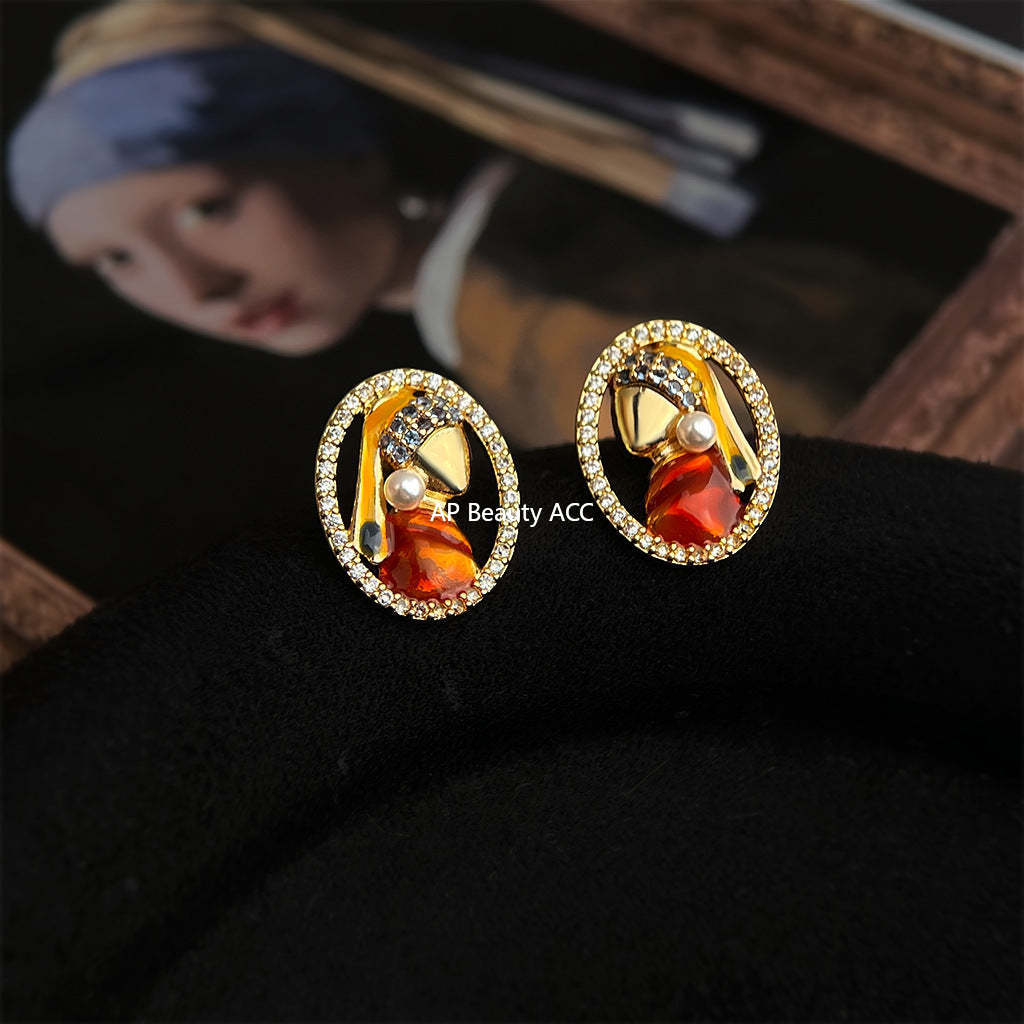 A廠-原創珍珠少女925銀針微鑲鋯石手工彩繪人像幾何耳飾 新款文藝耳釘「7239」25.12-3