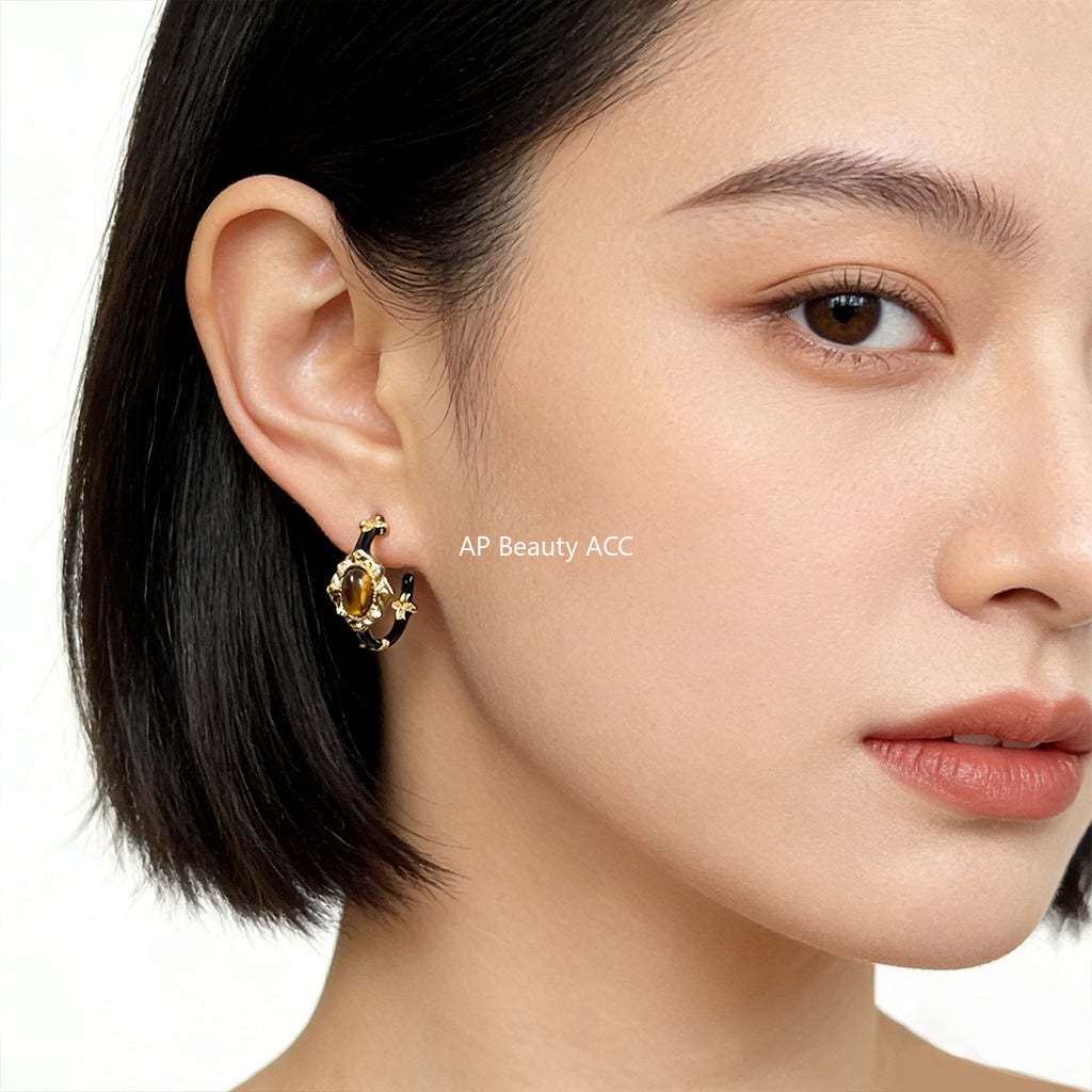 A廠-原創美拉德風格天然石虎眼石琺瑯滴釉黑金色圓形復古耳環「7238」25.12-3