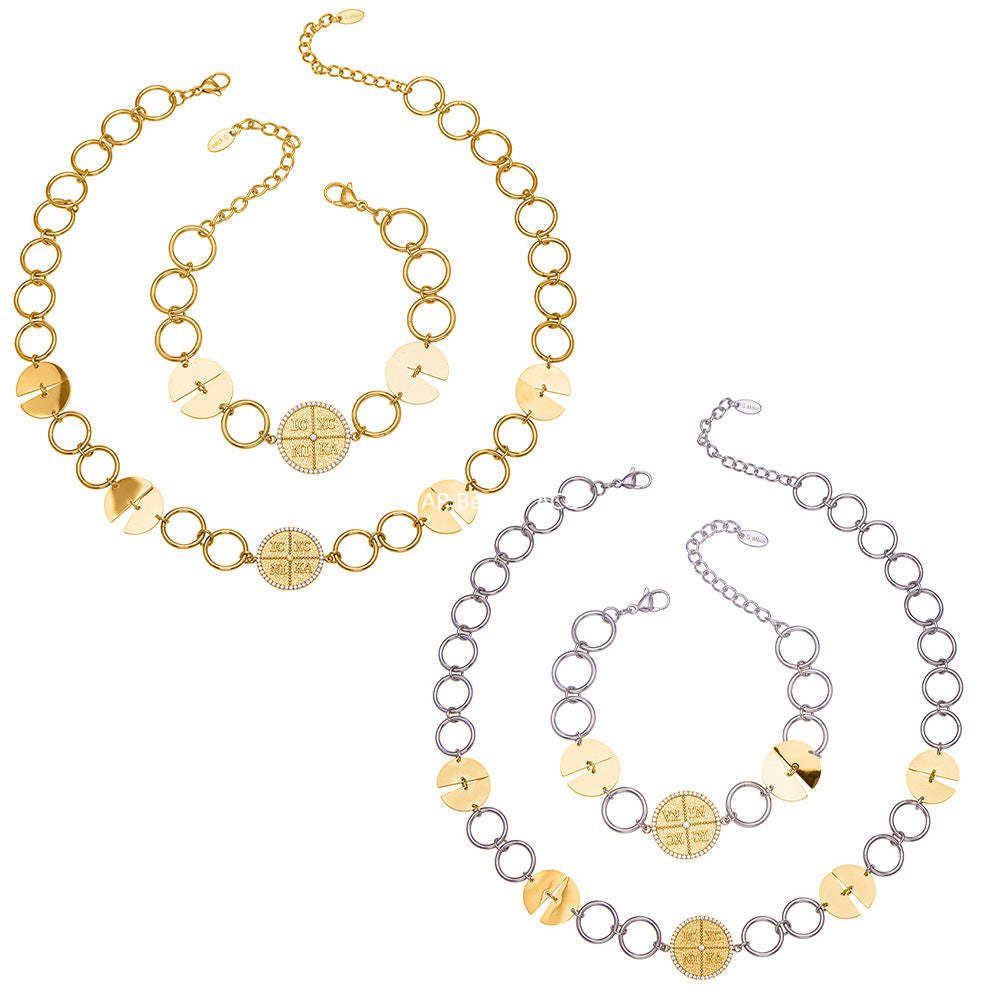 B廠-歐美新款配飾不鏽鋼圓片字母鑲嵌鋯石項鍊手鍊套裝鍍18k金「TXP488」25.11-4