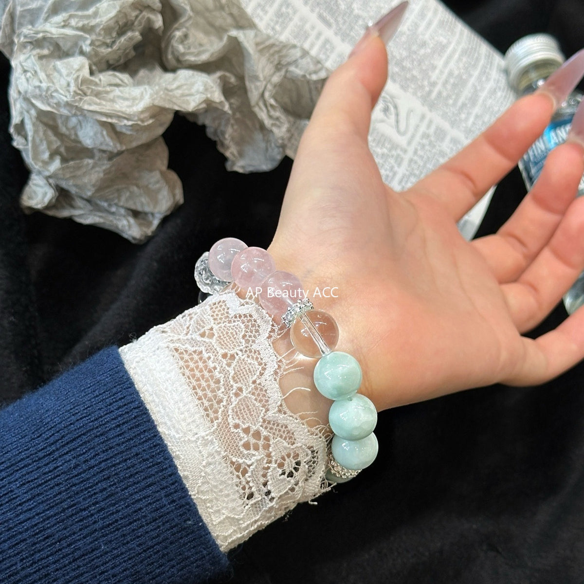 AS廠-天然綠紋石手串手鍊醒獅白水天然粉水晶手鍊輕奢高級感設計「l2968」25.11-1