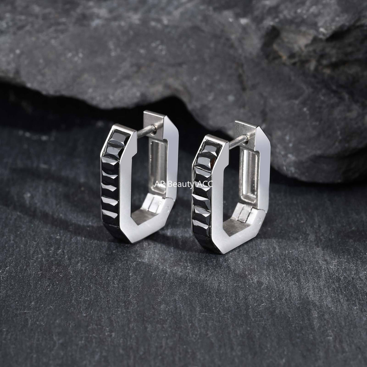 G廠-不鏽鋼黑色水鑽八邊形潮流玩家INS 風男友風耳圈鋼色「EH-802」25.12-1