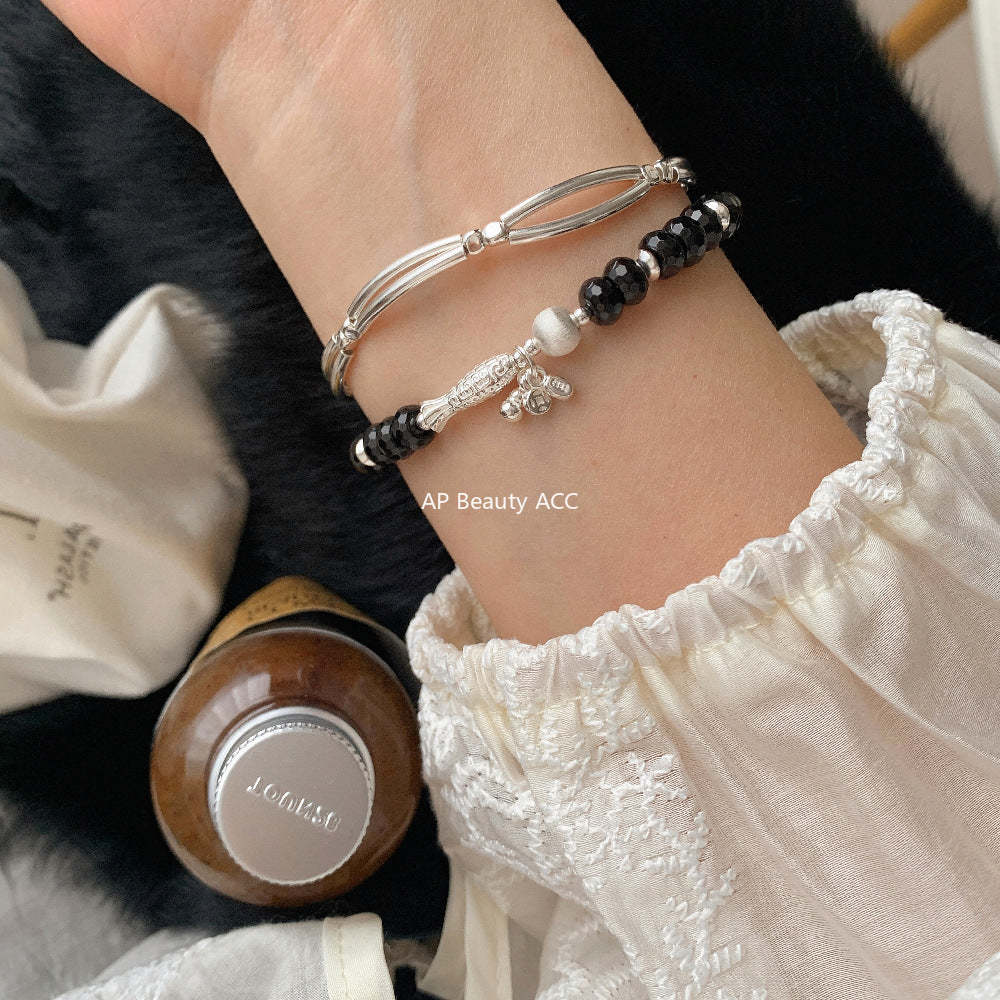 C廠-新中式錦鯉小魚葫蘆錢幣元寶黑瑪瑙串珠彈力雙層彎管S925純銀手鍊「1515」25.11-3