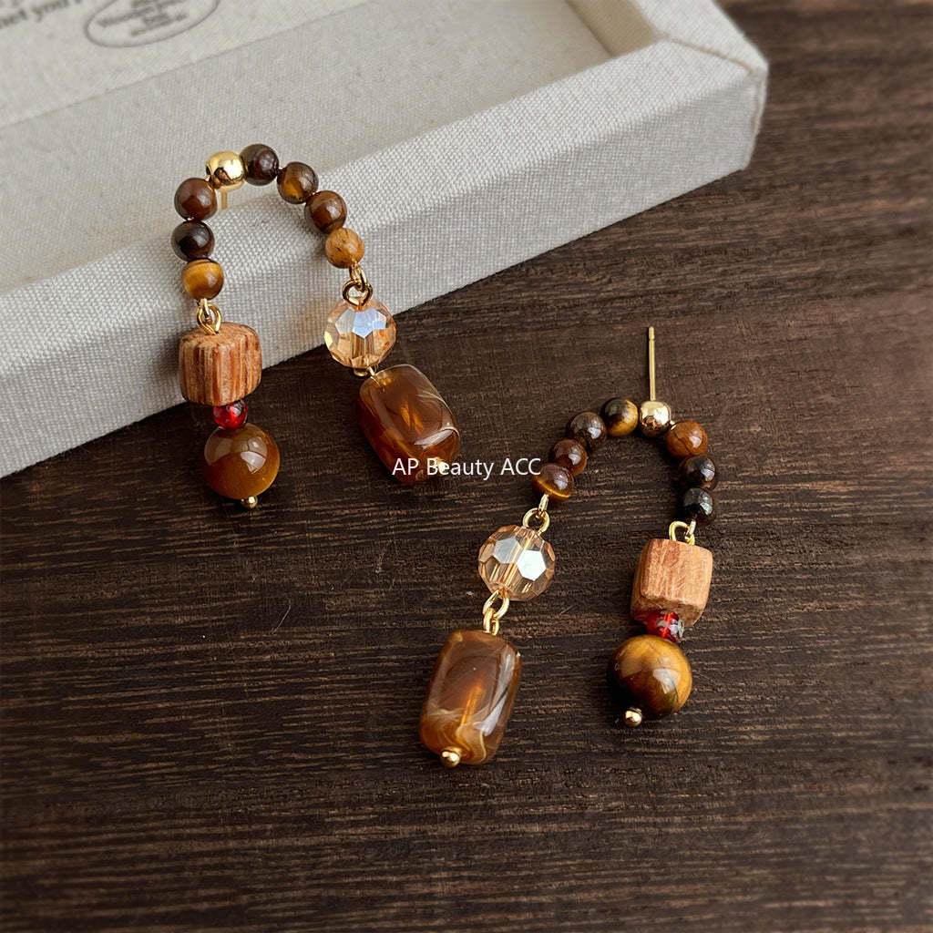 A廠-美拉德風原創手工藝設計感天然石虎眼石琥珀色復古文藝工廠耳環「7116」25.11-3