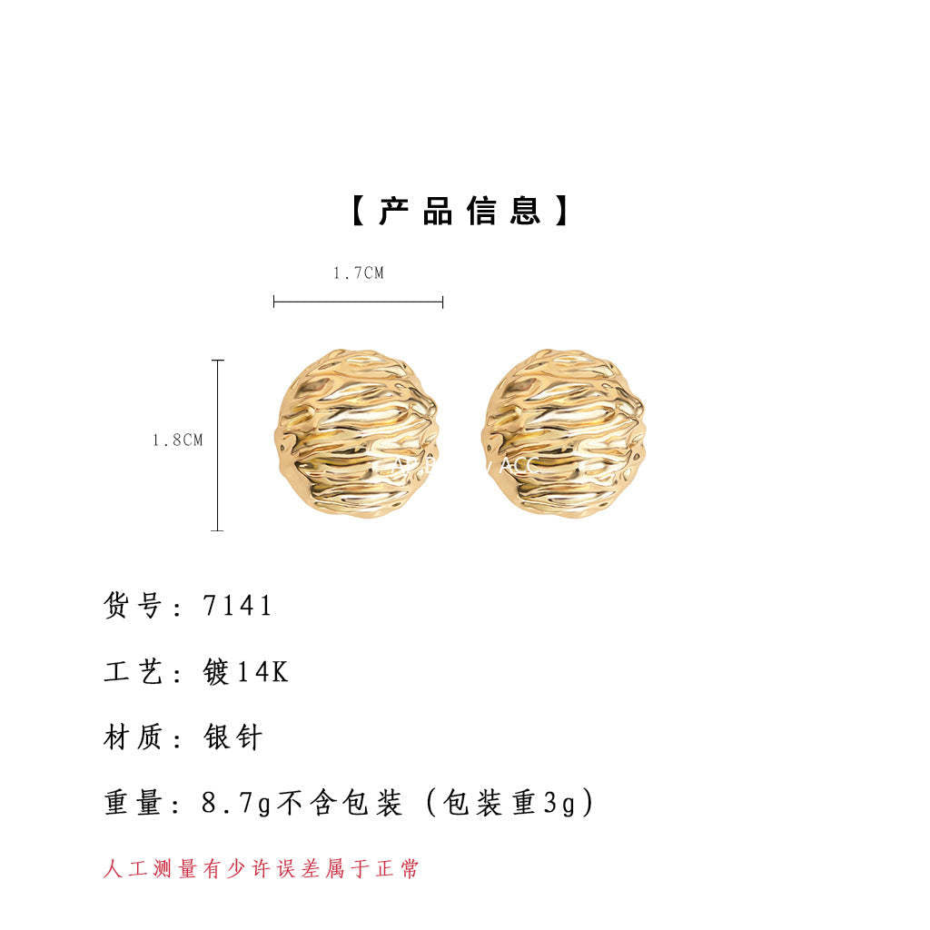 A廠-小眾設計感核桃紋路時尚高級感銀針圓形幾何重工感耳飾工廠耳環女「7141-7142」25.11-4