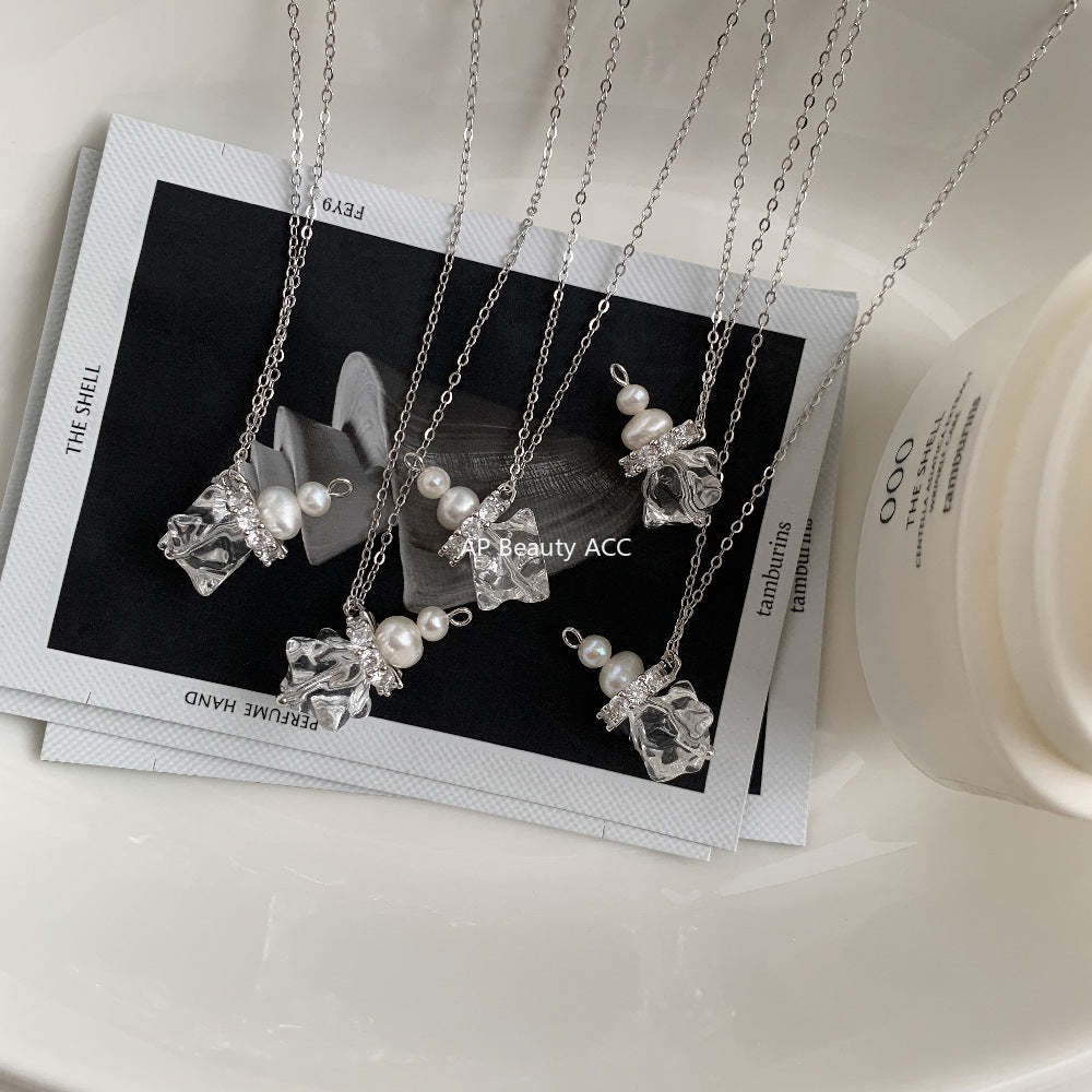 C廠-韓國ins風小眾設計 守護星 天然白水晶天然淡水珍珠S925純銀項鍊「1497」25.11-3