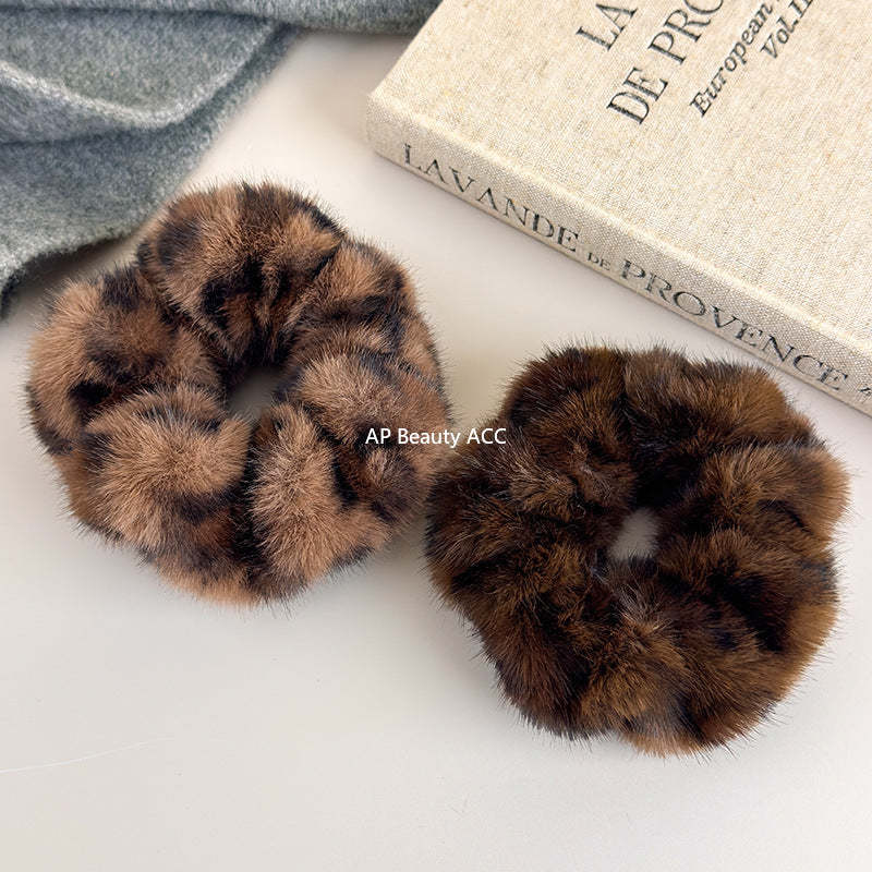 E廠-韓系秋冬毛絨豹紋大腸髮圈女高級感氣質扎頭髮馬尾頭繩髮繩髮飾「27635」25.11-1