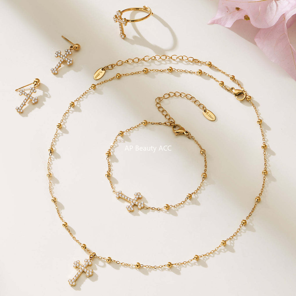 B廠-超閃5A鋯石十字架吊墜項鍊手鍊耳環戒指首飾套裝不鏽鋼材質「TXP487」25.11-4