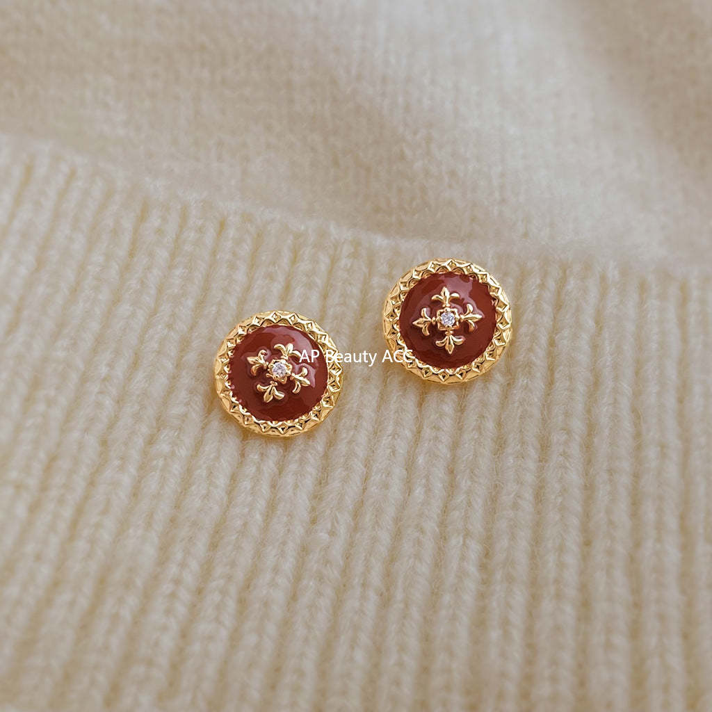 A廠-原創~鳶尾花系！ 925銀針琺瑯滴釉圓形幾何紐扣新款耳釘「7037」25.11-1