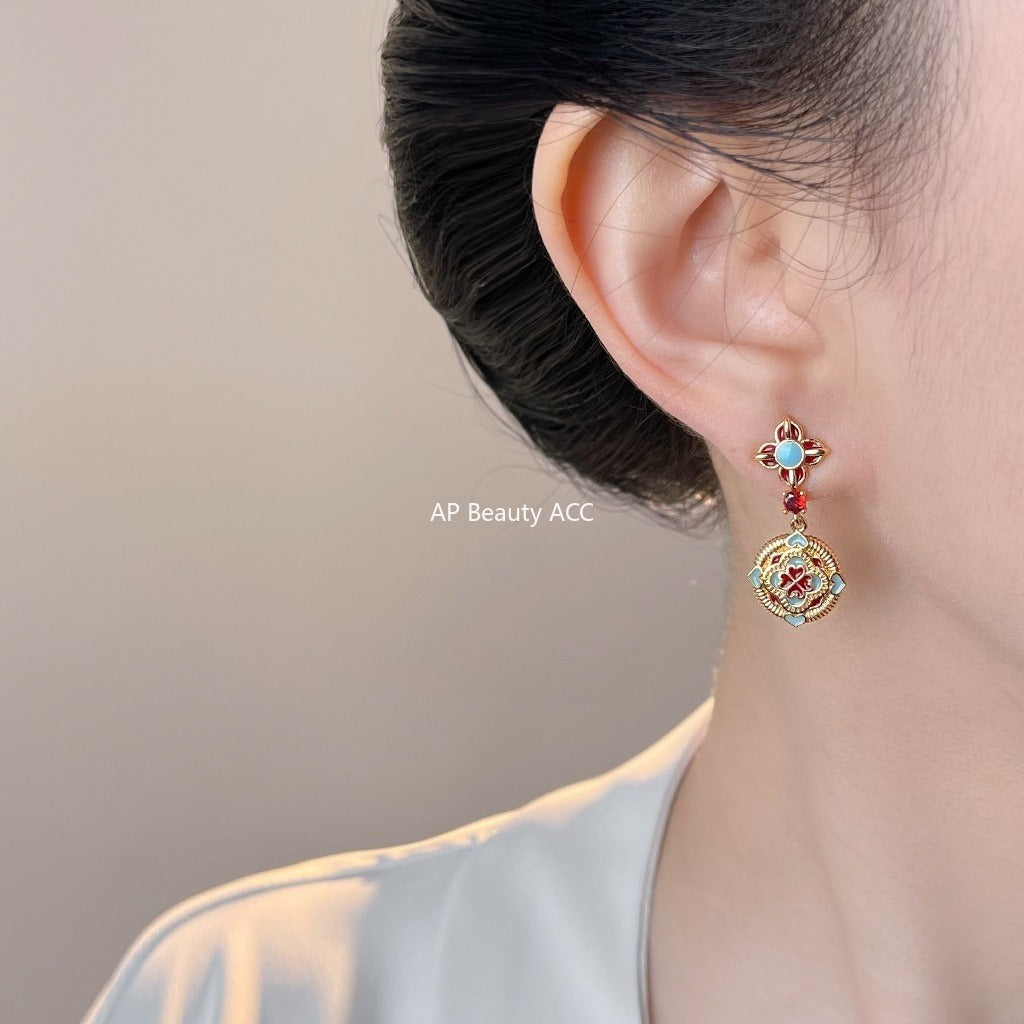 A廠-原創設計新中式民族風925銀針琺瑯滴釉彩繪文藝復古高級感耳飾 耳環「7038」25.11-1