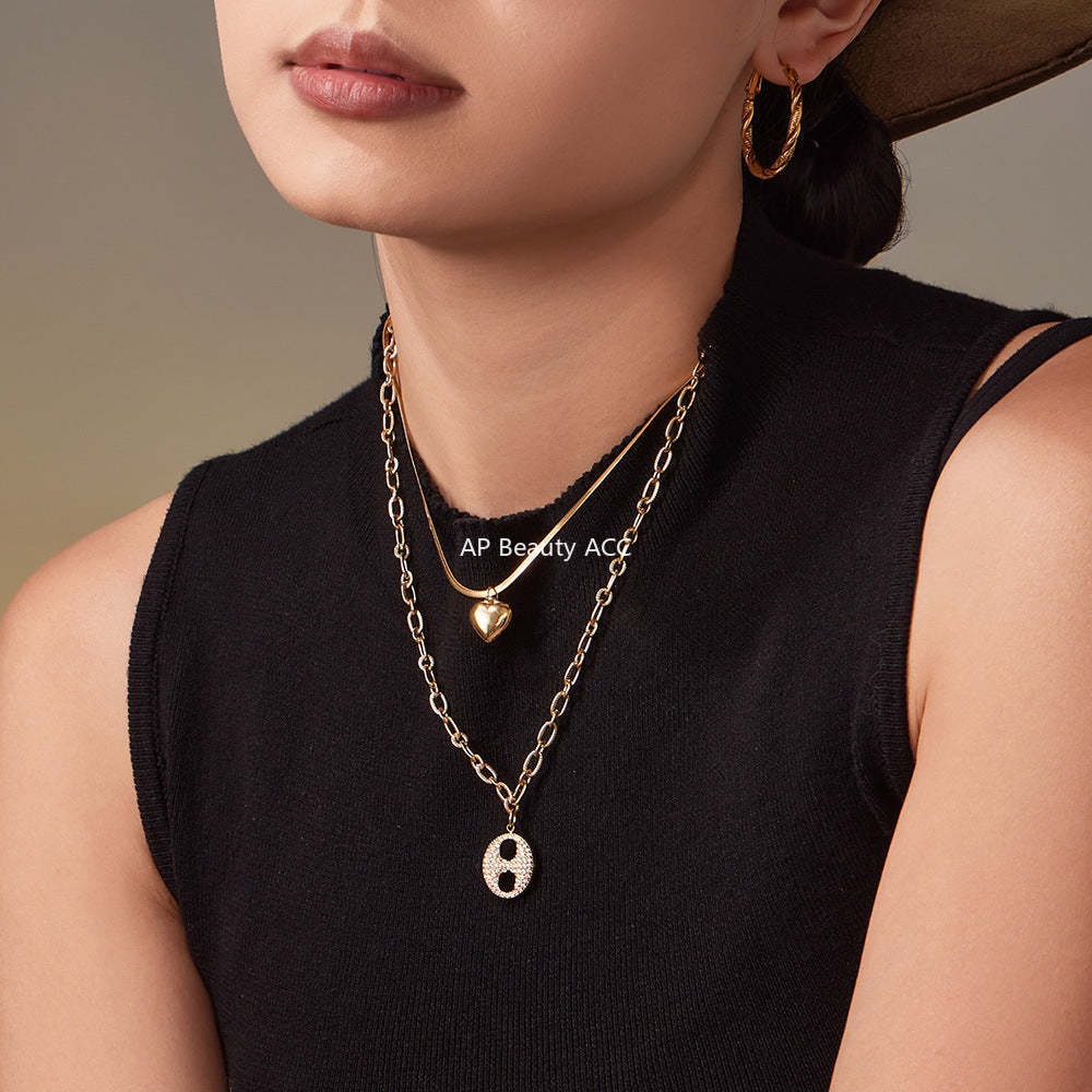 B廠-不鏽鋼雙層疊戴愛心豬鼻子鋯石項鍊 鍍18k金歐美百搭項飾「P100」25.11-3