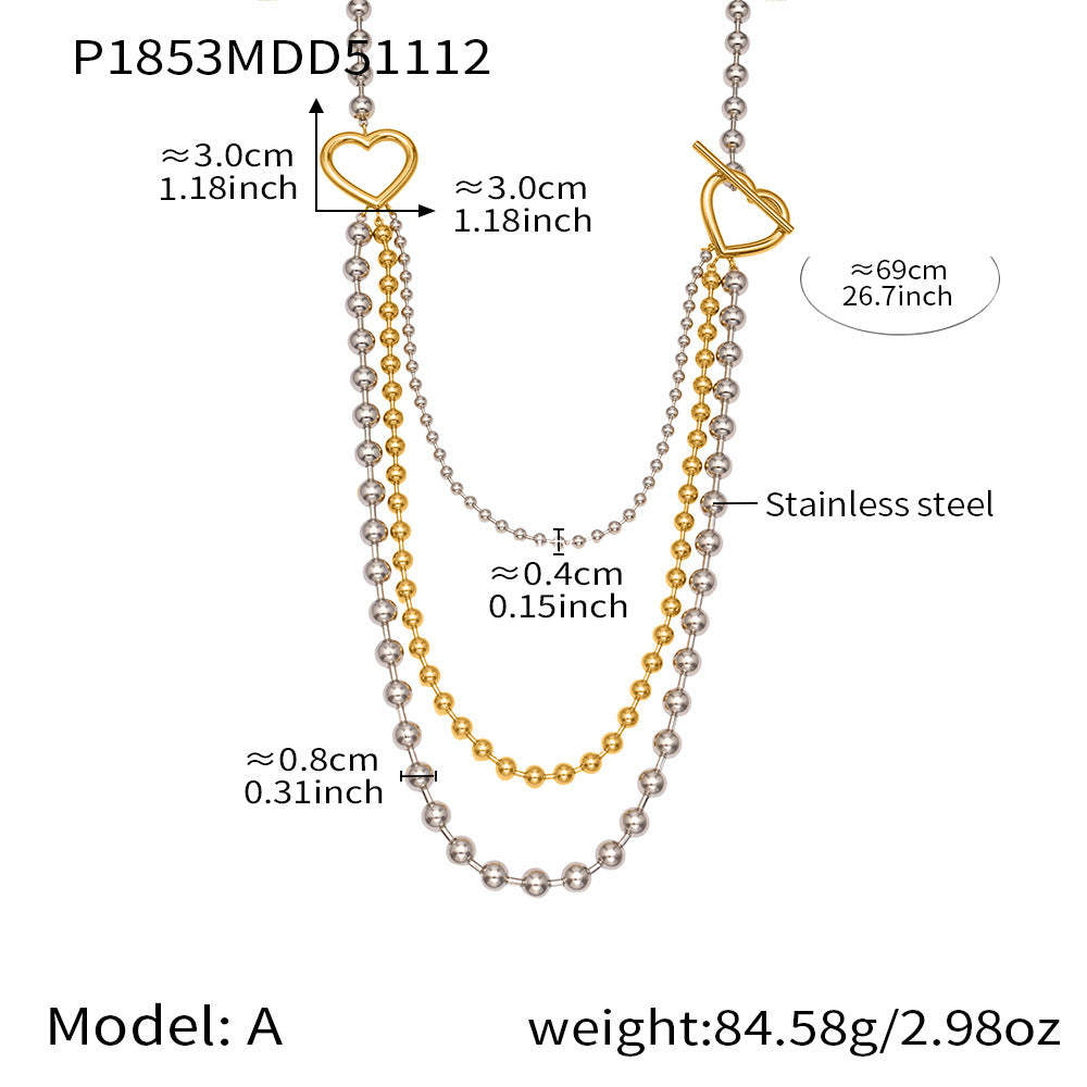 B廠-歐美拼色不鏽鋼愛心扣多層圓珠鏈項鍊ins個性時尚百搭飾品「P1853」25.11-3