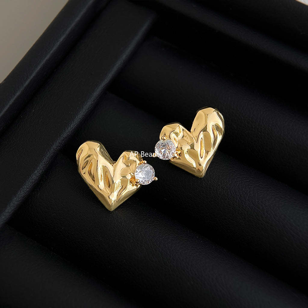 A廠-原創肌理感微鑲鋯石925銀針時尚高級感輕奢風愛心耳飾工廠 耳釘女「7152」25.11-4