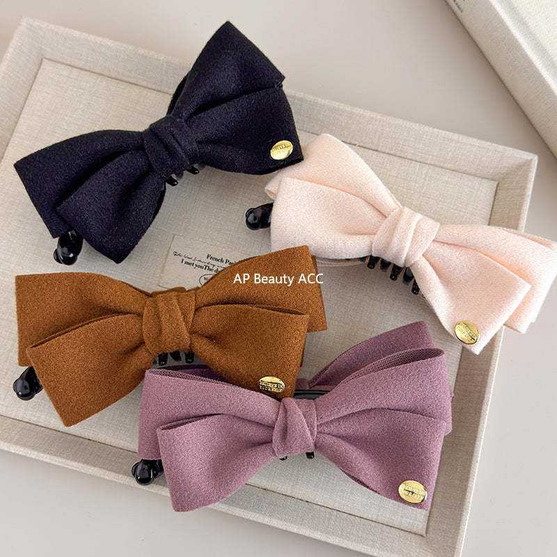 E廠-韓國秋冬高級感雙面呢子蝴蝶結香蕉夾韓系金標竪夾馬尾髮夾髮飾「27639」25.11-1