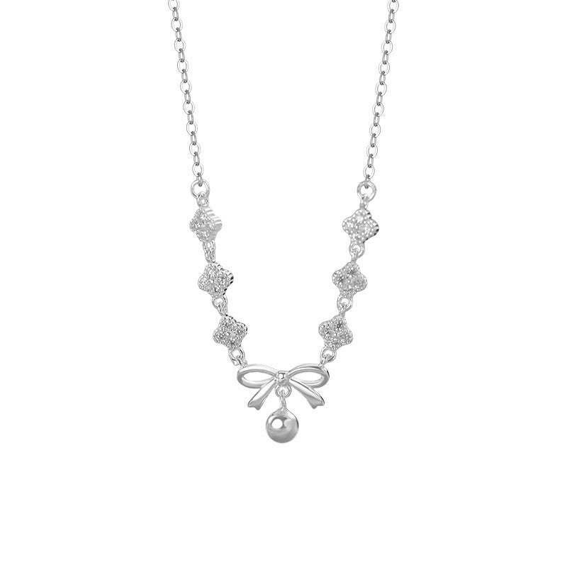 D廠-S999足銀淡雅四葉花蝴蝶結項鍊女甜美優雅氣質高級小眾鎖骨鏈「YC2220N_1」25.11-1