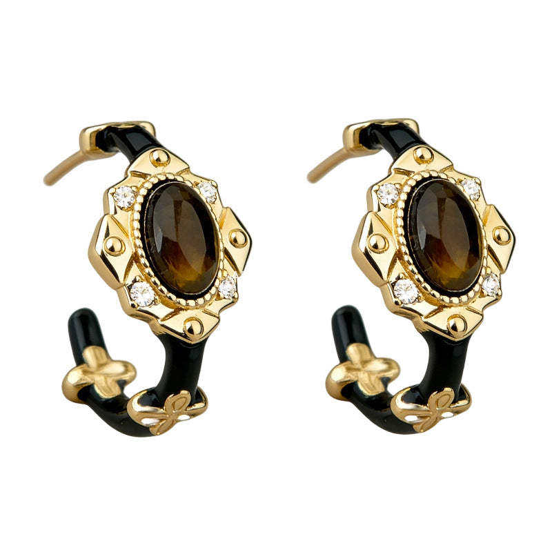 A廠-原創美拉德風格天然石虎眼石琺瑯滴釉黑金色圓形復古耳環「7238」25.12-3