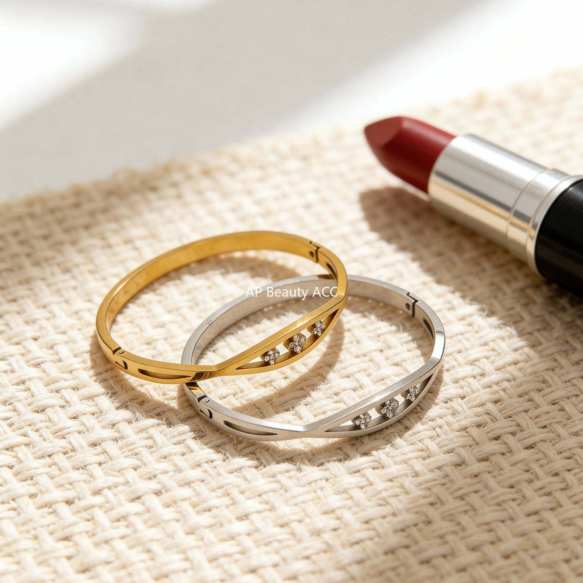 B廠-不鏽鋼單排鑽鋯石卡扣手鐲組合歐美時尚潮酷手飾品鍍18k金不掉色「Z512-15」25.12-2