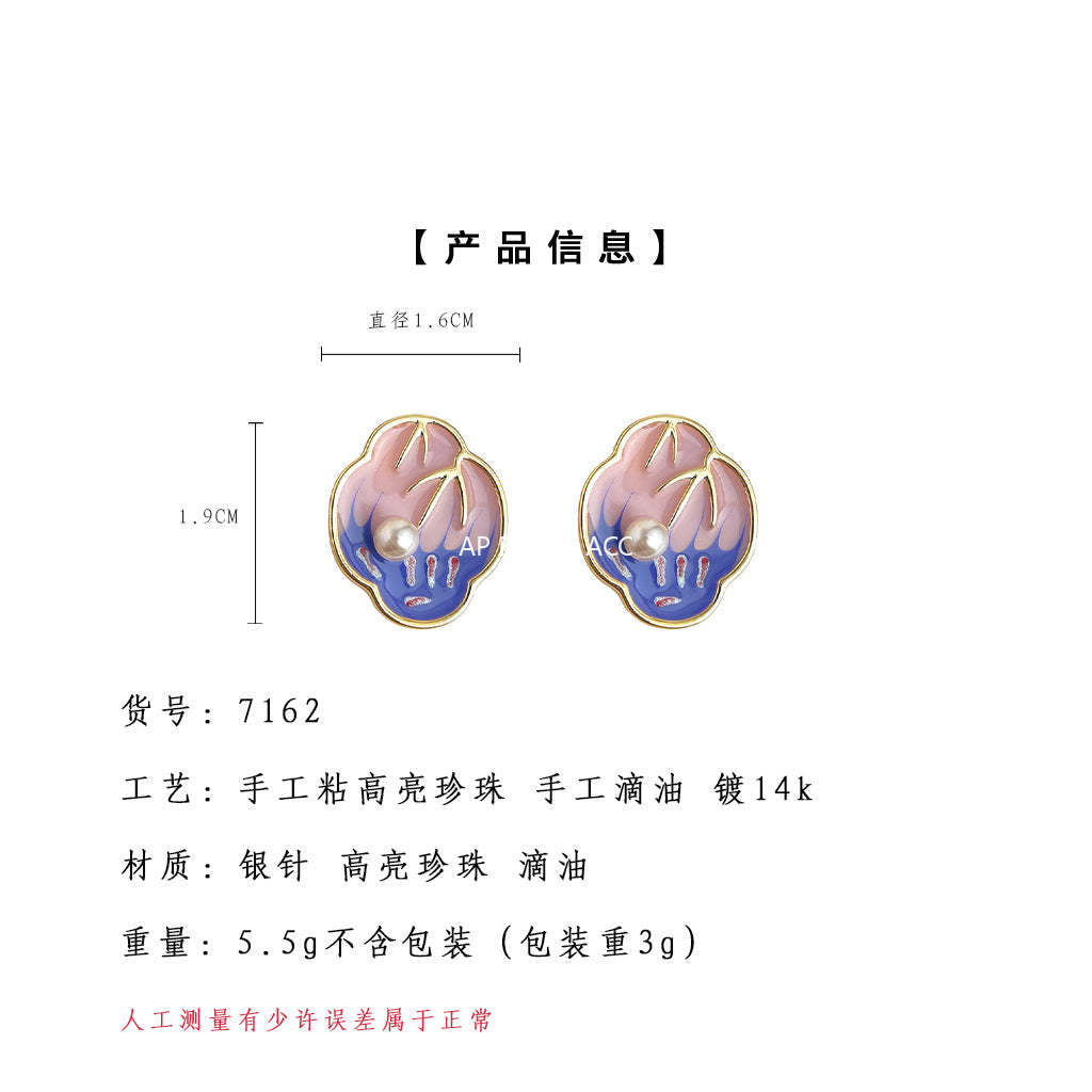 A廠-新中式琺瑯滴釉手工彩繪s925銀針新款時尚高級感耳釘「7162」25.12-1
