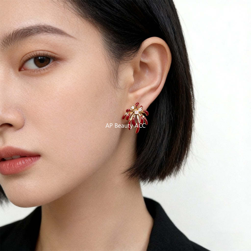 A廠-璀璨煙火微鑲鋯石琺瑯滴釉紅酒時尚高級感s925銀針新款耳飾女耳釘「7248」25.12-3