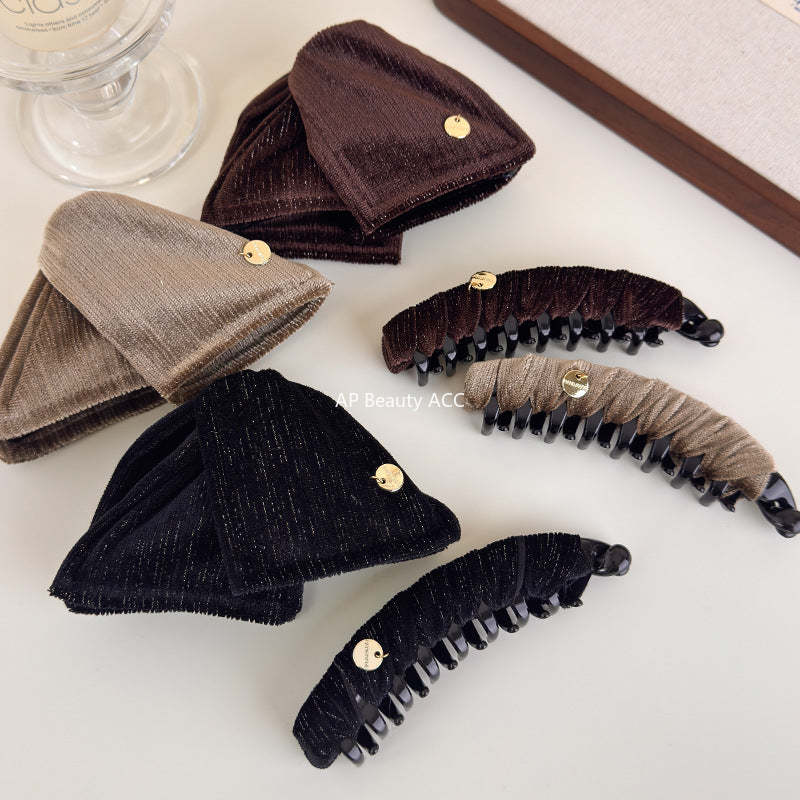 E廠-秋冬復古絨布三角抓夾輕奢純色布藝纏繞香蕉夾高級感扎馬尾竪夾「27720」25.11-4