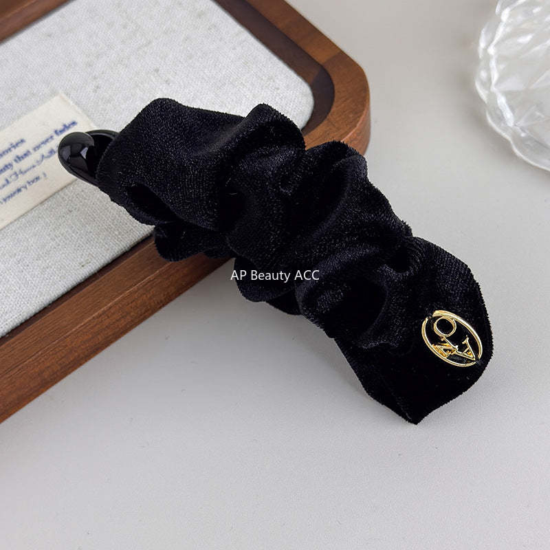 E廠-韓系褶皺絲絨香蕉夾女後腦勺髮夾馬尾竪夾氣質髮飾半扎髮抓夾頭飾「27709」25.11-3