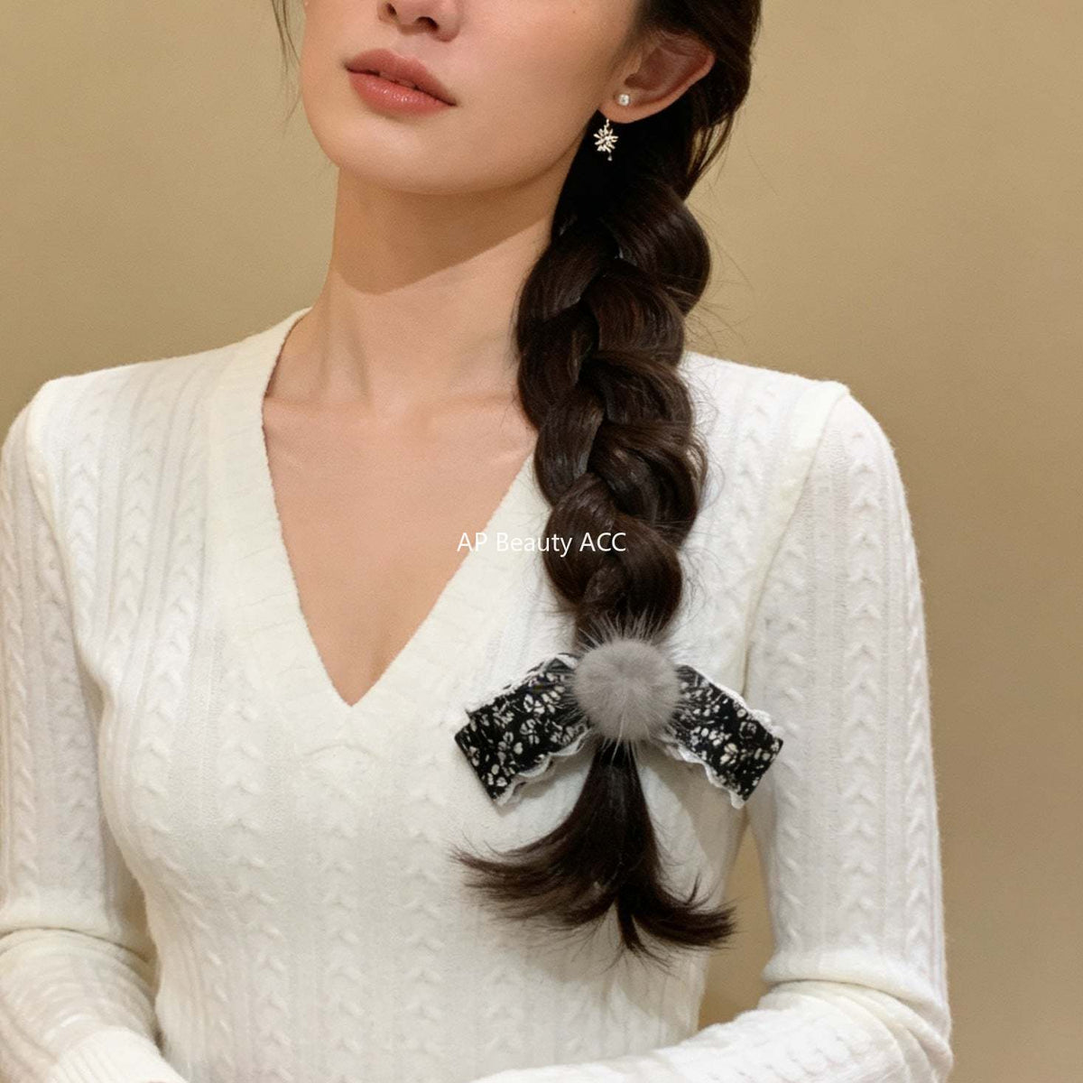 E廠-碎花毛球蝴蝶結髮夾鴨嘴夾半扎髮後腦勺香蕉夾高級感髮飾髮卡頭飾「27774」25.12-2