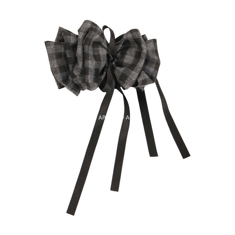 E廠-韓系格雷灰磨毛格紋褶皺花苞香蕉夾溫柔氣質高級飄帶蝴蝶結馬尾夾「27723」25.11-4